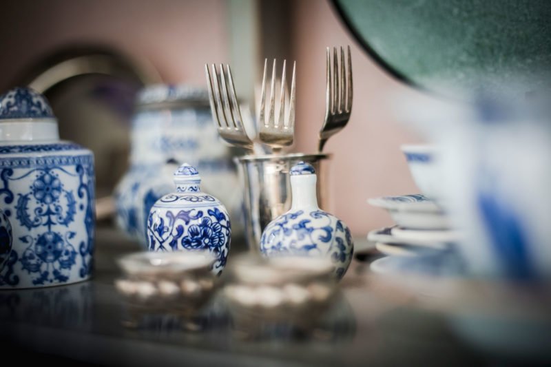 stock dutch interior design fork old blue pots