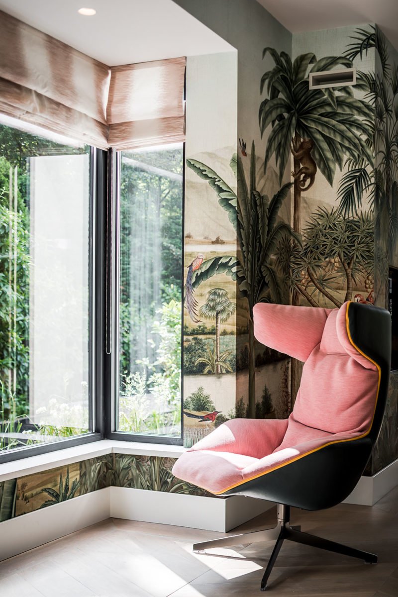 dutch interior design palm wallpaper pink chair